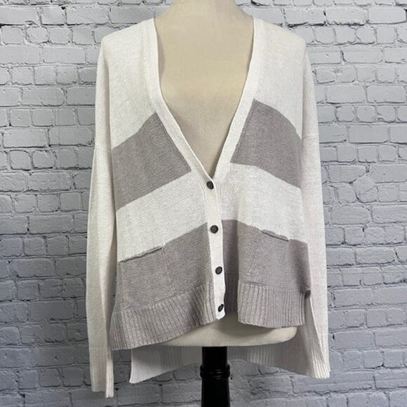 Eileen Fisher Sweater Women's X-Small White Tan 100% Linen Button Up Cardigan - Picture 1 of 10